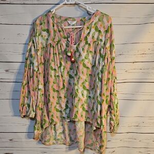 crown & ivy Pink and Green Leaf Print‎ Blouse  Size Medium